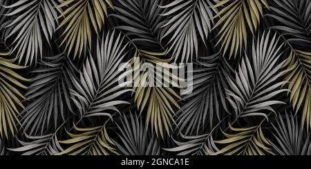 Tropisches Luxus-Nahtloses Muster mit goldenen Palmenblättern auf dunklem Hintergrund. Handgezeichnete Vintage-Illustration und -Textur. Gut für Tapeten, Stoff Stockfoto