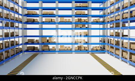3d-Rack im Lager auf weißem Hintergrund, 3d-Darstellung von Illustrationen Stockfoto