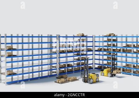 Automatische Hebemaschine, die Paketbox an das Rack transportiert, 3D-Illustrationen Stockfoto