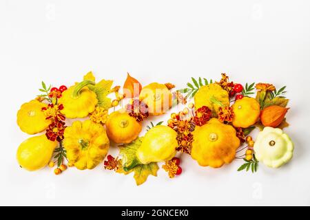 Herbstliche Rahmenkomposition, isoliert auf weißem Hintergrund. Verschiedene reife dekorative Kürbisse, Herbstblätter, Beeren und Ringelblumen Stockfoto