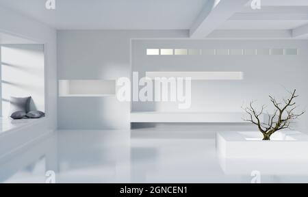 Minimaler weißer Raum mit Baum im Raum, 3d-Darstellung von Illustrationen Stockfoto