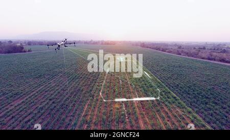 Landwirtschaft Drohnen Scanning Arbeitsbereich, Smart Farmer und Landwirtschaft-Technologie für Skalierung und Mapping Farm, 3D-Illustrationen Rendering Stockfoto