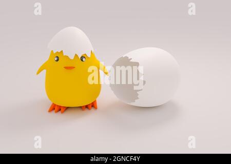 Lustige kleine Huhn neu geboren, lustige Tier, 3D-Illustrationen Rendering Stockfoto