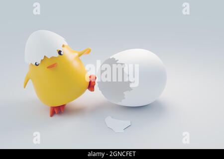 Lustige kleine Huhn neu geboren, lustige Tier, 3D-Illustrationen Rendering Stockfoto