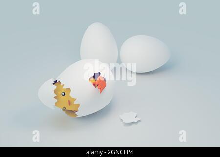 Lustige kleine Huhn neu geboren, lustige Tier, 3D-Illustrationen Rendering Stockfoto