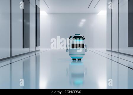 Weißer Roboter im weißen modernen Raum, 3D-Illustrationen Rendering Stockfoto