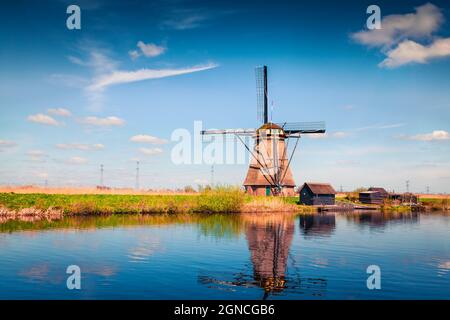 Berühmte Windmühlen im Kinderdijk Museum in Holland. Sonniger Frühlingsmorgen auf dem Land. Bunte Outdoor-Szene in den Niederlanden, Europa. UNESCO World her Stockfoto