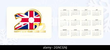 Horizontaler Taschenkalender 2022 in englischer Sprache. Symbol für das neue Jahr 2022 mit der Flagge von Großbritannien. Vektorkalender. Stock Vektor