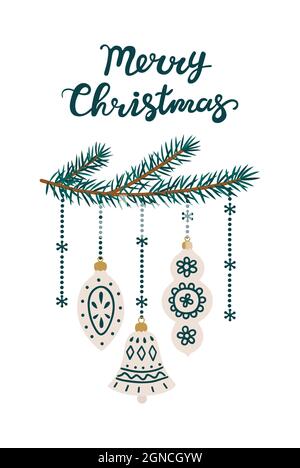 Weihnachtsbaum Äste mit Neujahr Spielzeug. Frohe Weihnachtskarte Stock Vektor