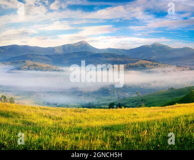 Herrliche Sommerszene in den Karpaten. Nebliger Blick auf das Bergtal am Morgen. Lage des Dorfes Yasinya, Ukraine, Europa. Die Schönheit der Natur Stockfoto