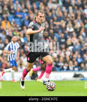 Caglar Soyuncu von Leicester während des Premier League-Spiels zwischen Brighton und Hove Albion und Leicester City im American Express Community Stadium, Brighton, Großbritannien - 19. September 2021 - nur für redaktionelle Verwendung. Keine Verkaufsförderung. Für Football-Bilder gelten Einschränkungen für FA und Premier League. Keine Nutzung des Internets/Handys ohne FAPL-Lizenz - für Details wenden Sie sich an Football Dataco Stockfoto