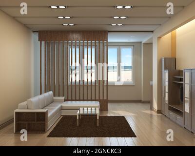 Modernes Wohnzimmer mit Meerblick, beigen Wänden, braunem Teppich, Glastisch und Holzgitter vor dem Fenster, heller Parkettboden Stockfoto