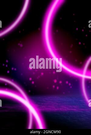 Neonhintergrund. Moderner Stil. Neonstreifen auf dunklem Hintergrund. Leerer dunkler Raum-Hintergrund. Leere Wände, Neonlicht, Leuchten. Stockfoto