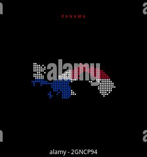 Karte mit quadratischen Punkten von Panama. Gepunktete Pixelkarte mit Nationalflaggenfarben auf schwarzem Hintergrund isoliert. Vektorgrafik. Stock Vektor