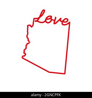 Arizona US State rote Umrisskarte mit dem handgeschriebenen LIEBESWORT. Kontinuierliche Linienzeichnung des patriotischen Heimatzeichens. Eine Liebe für eine kleine Heimat. Innen Stock Vektor