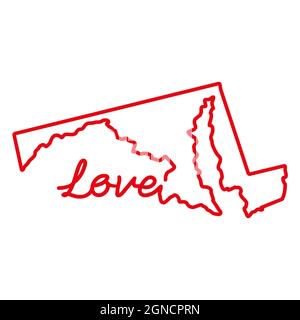 Maryland US-Bundesstaat rot umrandete Karte mit dem handgeschriebenen LIEBESWORT. Kontinuierliche Linienzeichnung des patriotischen Heimatzeichens. Eine Liebe für eine kleine Heimat. Interio Stock Vektor