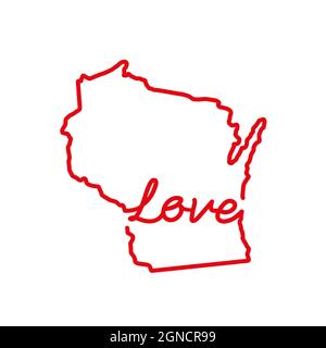 Wisconsin US State rote Umrisskarte mit dem handgeschriebenen LIEBESWORT. Kontinuierliche Linienzeichnung des patriotischen Heimatzeichens. Eine Liebe für eine kleine Heimat. Interi Stock Vektor