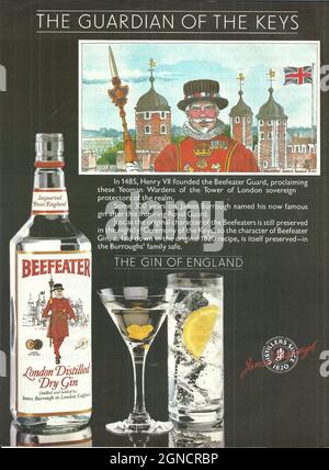 Beefeater Gin London Gin Vintage Werbespot Werbespot der 1970er-Jahre der 1980er-Jahre Stockfoto