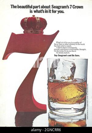 Seagram's Crown Royal Gin London Gin vo Vintage-Werbung Werbespot der 1970er-Jahre der 1980er-Jahre Stockfoto