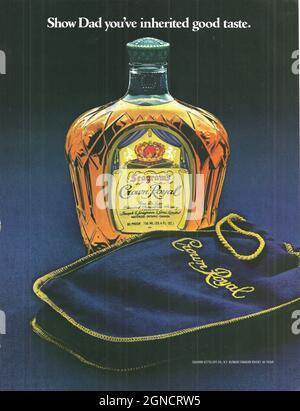 Seagram's Crown Royal Gin London Gin vo Vintage-Werbung Werbespot der 1970er-Jahre der 1980er-Jahre Stockfoto