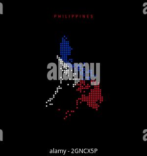 Karte mit quadratischen Punkten von den Philippinen. Gepunktete Pixelkarte mit Nationalflaggenfarben auf schwarzem Hintergrund isoliert. Vektorgrafik. Stock Vektor