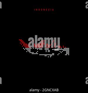Karte mit quadratischen Punkten von Indonesien. Gepunktete Pixelkarte mit Nationalflaggenfarben auf schwarzem Hintergrund isoliert. Vektorgrafik. Stock Vektor