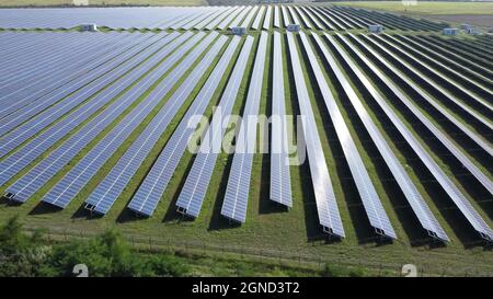 In der Mitte des Feldes werden Solarmodule installiert. Ökologische erneuerbare Energien Stockfoto