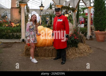 London, Großbritannien. September 2021. Ein Rentner und eine Frau aus Chelsea stehen bei der Chelsea Flower Show, die von der Royal Horticultural Society auf dem Gelände des Royal Hospital Chelsea veranstaltet wird, neben einem riesigen Kürbis mit einem Gewicht von fast 800 Pfund. (Foto von Steve Taylor/SOPA Images/Sipa USA) Quelle: SIPA USA/Alamy Live News Stockfoto