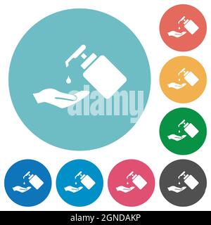 Handwäsche mit Flüssigseife flache weiße Symbole auf Runde Farbiger Hintergrund Stock Vektor