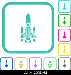 Space Shuttle mit Trägerraketen lebendige farbige flache Symbole in gekrümmten Rahmen auf weißem Hintergrund Stock Vektor