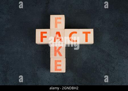 Die Worte Fact und Fake stehen auf Holzblöcken in roten Buchstaben Stockfoto