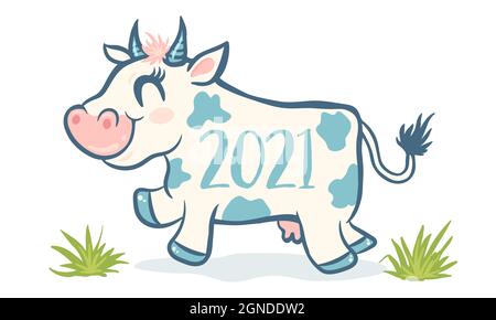 Vektor niedliche Kuh wie Symbol 2021 Jahr in kawaii Stil. Vektor-Cartoon von einer niedlichen Kuh und grünem Gras. Stock Vektor