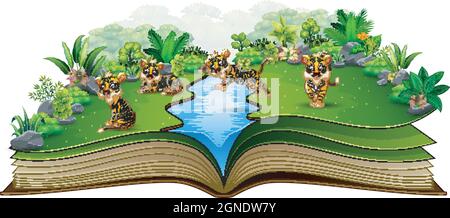 Offenes Buch mit einer Gruppe von Tiger Cartoon Stock Vektor