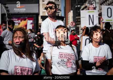 Buenos Aires, Argentinien. September 2021. Die Demonstranten sahen während der Demonstration Schweinemasken tragen. An diesem Freitag versammelten sich verschiedene Organisationen auf der Plaza del Mayo, um an den nationalen und globalen Demonstrationen teilzunehmen, die dringende Maßnahmen zur Umkehr der Klimakrise forderten. Kredit: SOPA Images Limited/Alamy Live Nachrichten Stockfoto