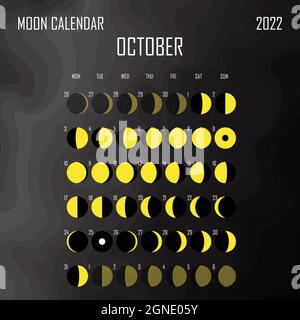 Oktober 2022 Mondkalender. Astrologisches Kalenderdesign. planer. Platz für Aufkleber. Modell des Monatszyklus-Planers. Isolierter Schwarzweiß-Hintergrund Stock Vektor