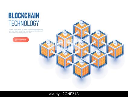 3d Isometric Web Banner Blockchain Network Connection. Blockchain-Technologie und Kryptowährungskonzept. Stock Vektor