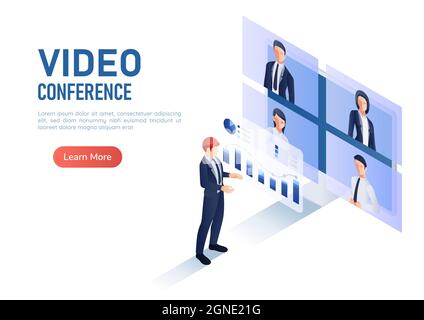 isometrisches 3d-Webbanner Geschäftsmann diskutiert Finanzanalyse-Diagramm während einer Videokonferenz Treffen mit Kollegen. Arbeitsformular Home Video Conferenc Stock Vektor