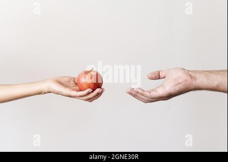 Hand geben Apfelfrucht bedürftigen Person. Hohe Qualität und Auflösung schönes Fotokonzept Stockfoto