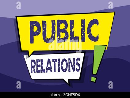 Textschild mit Public Relations. Geschäftskonzept Zustand der Beziehung zwischen der Öffentlichkeit und einem Unternehmen zwei bunte überlappende Dialogfelder Stockfoto