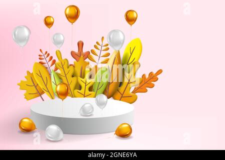 Herbstblätter 3D gelb, rot, braun, orange Farben. Herbststrauß, Sockel, Bühne, Podium, Folienballons Gold, Weiß. Minimales 3d-Rendering von Plastilin Stock Vektor