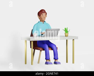 Illustration 3D-Charakter Mann am Schreibtisch Büro, zu Hause arbeiten mit Laptop.lächelnde Figur Freiberufler, Geschäftsmann arbeiten, Cartoon-Stil Konzept r Stockfoto