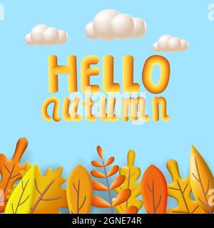 Hallo Herbstblätter 3D gelb, rot, braun, orange Farben. Herbststrauß, weiße Wolke. Minimal 3d Rendering Plastilin, Vektorgrafik Banner, Poster Stock Vektor