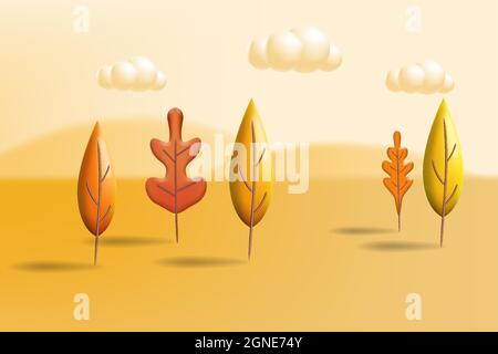Herbstlandschaftsbäume hinterlassen 3D-gelbe, rote, braune, orangefarbene Farben. Herbst Natur, Wolken. Banner mit minimalem 3d-Rendering von Plastilin und Vektorgrafik Stock Vektor