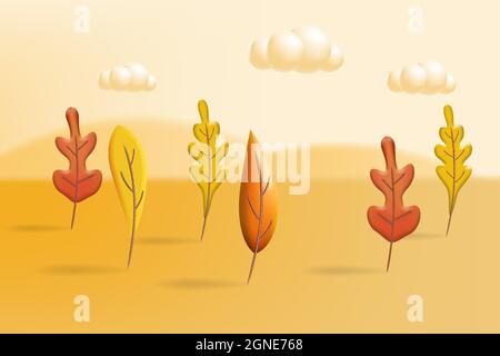 Herbstlandschaftsbäume hinterlassen 3D-gelbe, rote, braune, orangefarbene Farben. Herbst Natur, Wolken. Banner mit minimalem 3d-Rendering von Plastilin und Vektorgrafik Stock Vektor