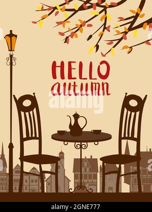 Hallo Herbstlandschaft Stadtcafe, Tisch mit Kaffeekocher, Stühle. Alte europäische Archivhäuser. Vektor Illustration Silhouette Poster Stock Vektor