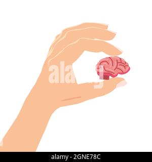 Hand hält das Gehirn sorgfältig symbolisch für die psychische Gesundheit. Konzept Psychologie und Psychotherapie. Vektor isoliert Stock Vektor