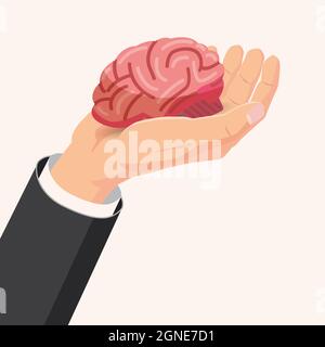 Hand hält das Gehirn sorgfältig symbolisch für die psychische Gesundheit. Konzept Psychologie und Psychotherapie. Vektor isoliert Stock Vektor