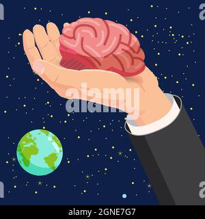 Hand hält das Gehirn sorgfältig symbolisch für die psychische Gesundheit. Konzept Psychologie und Psychotherapie. Vektor isoliert Raum Hintergrund Stock Vektor