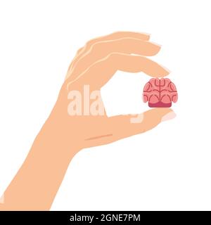 Hand hält das Gehirn sorgfältig symbolisch für die psychische Gesundheit. Konzept Psychologie und Psychotherapie. Vektor isoliert Stock Vektor