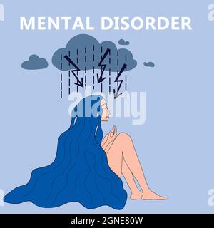 Psychische Störung Frau sitzt umarmt Knie, Blitzwolke . Depression, verwirrt, in einer stressigen Situation, psychologische Problemscham. Stress Stock Vektor